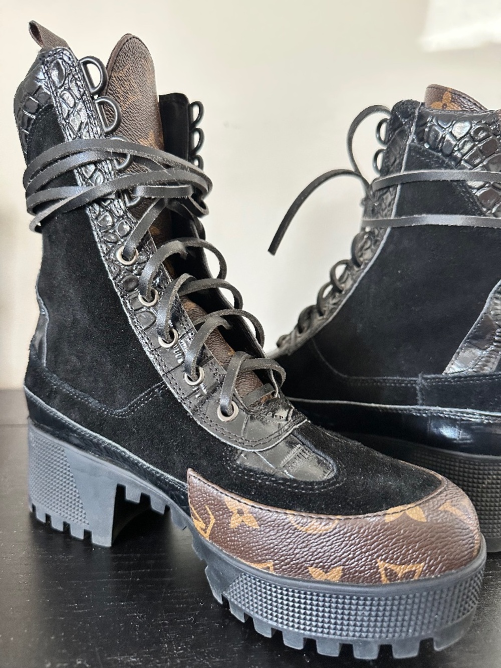 Louis Vuitton Black Monogram Leather/Suede Laureate Combat Boots Size 37.5/7.5